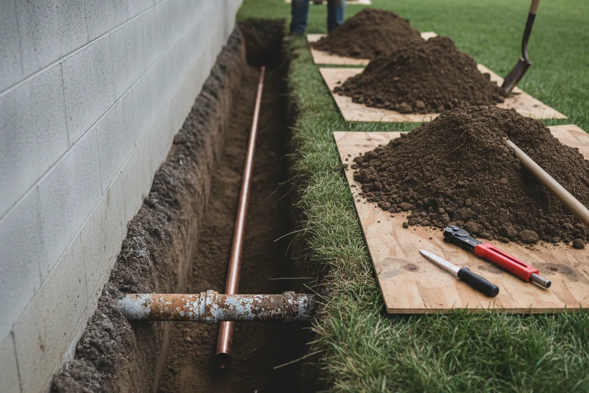 Excavated water line trench during Sewer Line Repair in Lemont